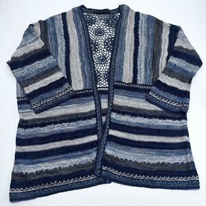 Peruvian Connection Blue and Gray Striped Cardigan